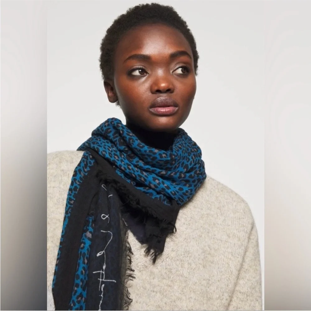 Zadig & Voltaire Delta Je M'en Fous Leopard Print Black & Blue Scarf Wrap XL